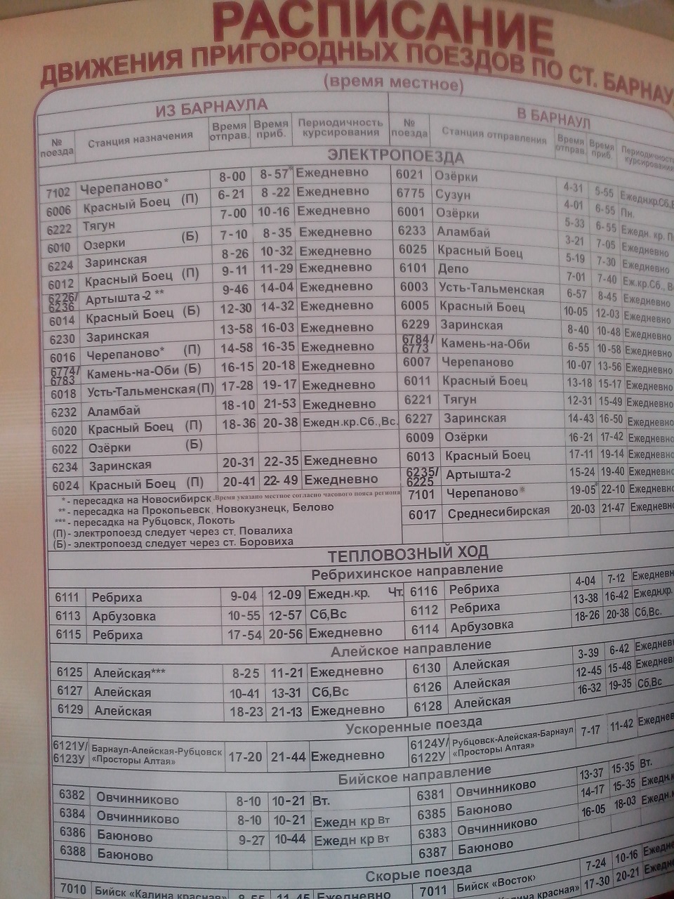 Расписание движения пригородных электропоездов по станции Барнаул 2016 год